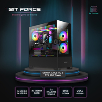 Bit Force SPARK ARGB-TG3 Midi Tower ARGB Gaming PC ATX kućište bez napajanja 