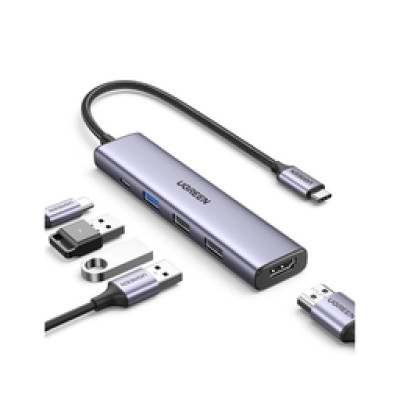 UGREEN 5-portni Revodok 105 USB-C HUB, 3xUSB-A, 1xUSB-C 100W PD, 1xHDMI 4K 30Hz, sivi