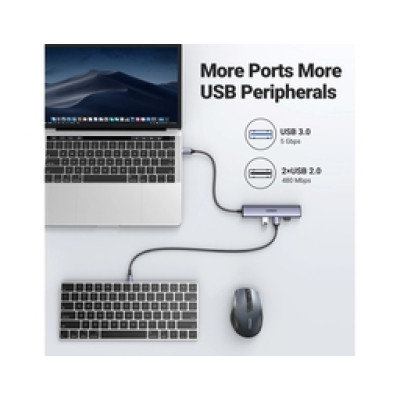 UGREEN 5-portni Revodok 105 USB-C HUB, 3xUSB-A, 1xUSB-C 100W PD, 1xHDMI 4K 30Hz, sivi