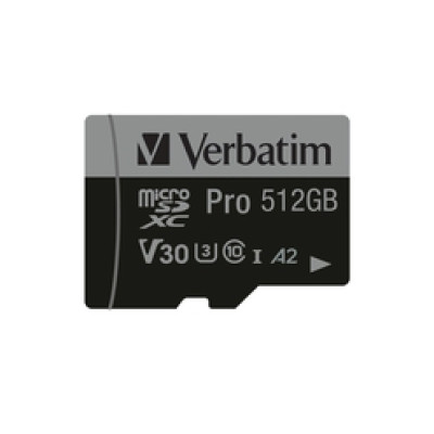 Micro SDXC 512GB PRO , U3, A2, V30, Class 10 Card + adapter, Verbatim