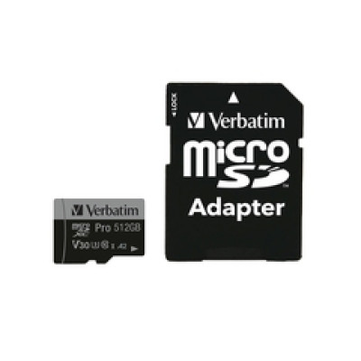 Micro SDXC 512GB PRO , U3, A2, V30, Class 10 Card + adapter, Verbatim