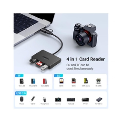 UGREEN 4-portni USB-C/A HUB 2xUSB-A, 1xSD, 1xTF, sivi