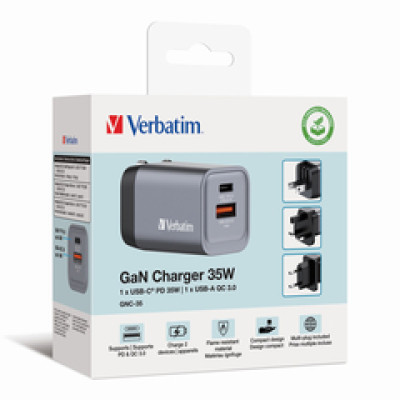 Verbatim GNC-35 GaN zidni punjač 35W, 1×USB-C PD 35W / 1×USB-A QC3.0 