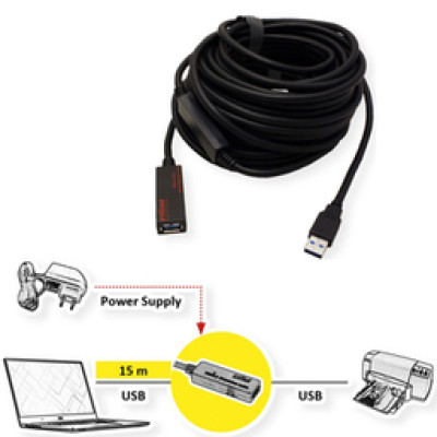 Kabel Produžni aktivni sa ponavljačem USB3.2 Gen1 , 15m, crni