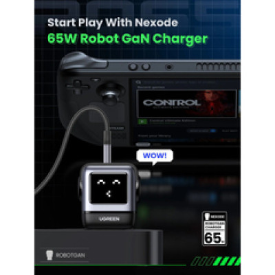 UGREEN Robot zidni punjač 65W, 2x USB-C, 1xUSB-A, GaN, sivo crni