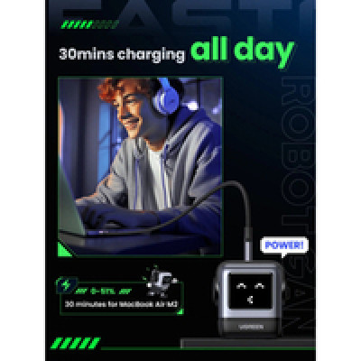UGREEN Robot zidni punjač 65W, 2x USB-C, 1xUSB-A, GaN, sivo crni