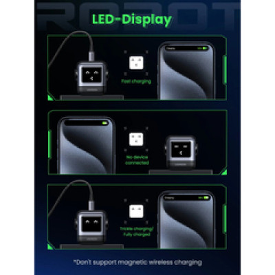 UGREEN Robot zidni punjač 65W, 2x USB-C, 1xUSB-A, GaN, sivo crni