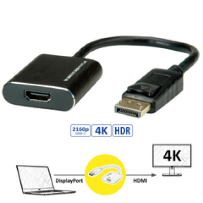 Roline adapter DisplayPort - HDMI, M/F, v1.4, aktivni, 4K60, 0.15m