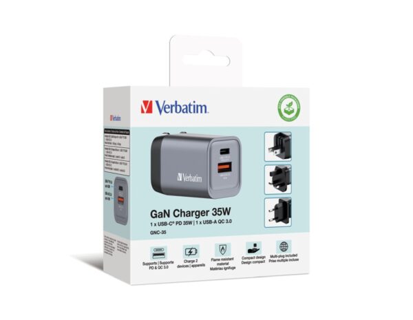 Verbatim GNC-35 GaN zidni punjač 35W, 1×USB-C PD 35W / 1×USB-A QC3.0