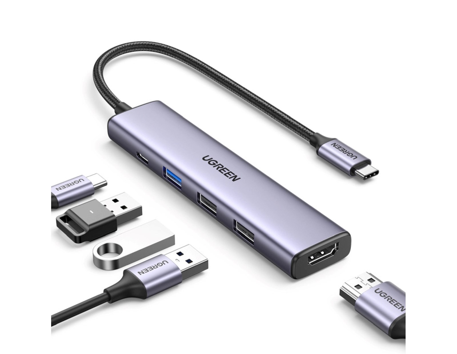 UGREEN 5-portni Revodok 105 USB-C HUB, 3xUSB-A, 1xUSB-C 100W PD, 1xHDMI 4K 30Hz, sivi - Slika 7