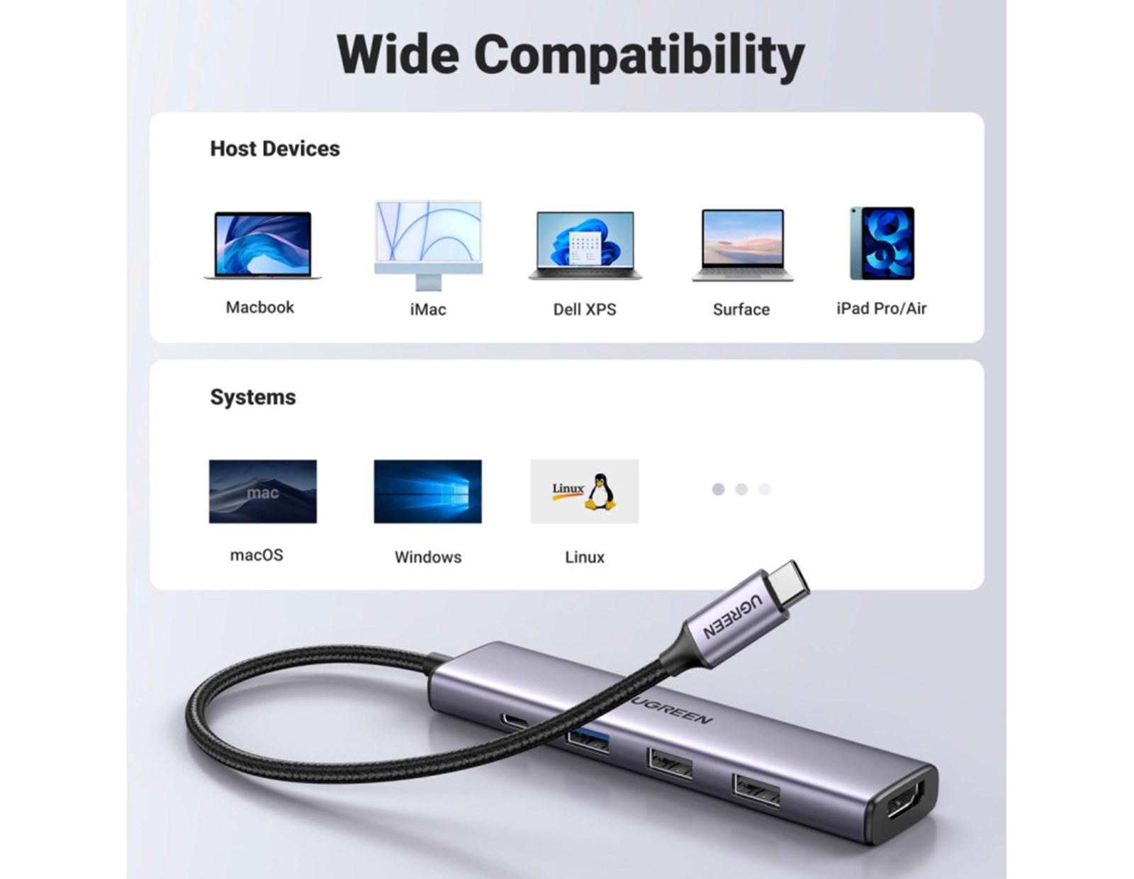 UGREEN 5-portni Revodok 105 USB-C HUB, 3xUSB-A, 1xUSB-C 100W PD, 1xHDMI 4K 30Hz, sivi - Slika 2
