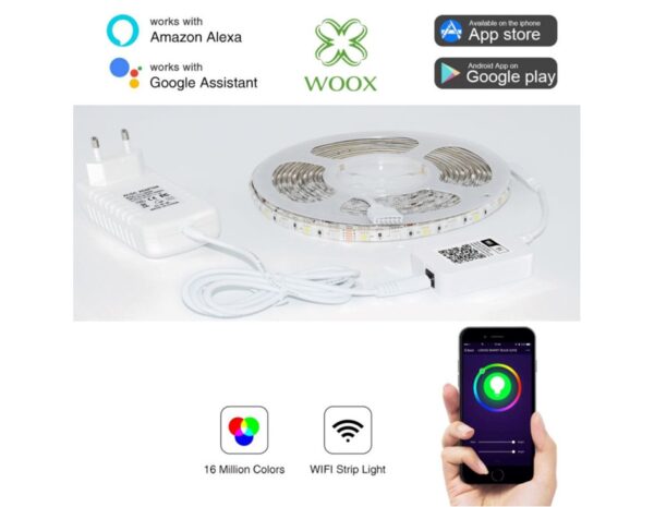 WOOX WiFi Smart LED traka RGB + toplo bijela, 5m, 24W, 150 LED, vodootporna, WooxHome app, glasovna kontrola - Alexa & Google Assistant (R5093) - Slika 5