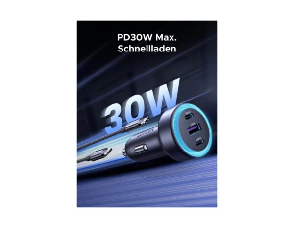 UGREEN auto punjač 30W s 3 ulaza, 2x USB-C, USB-A, PD3.0/QC3.0, sivi - Slika 2