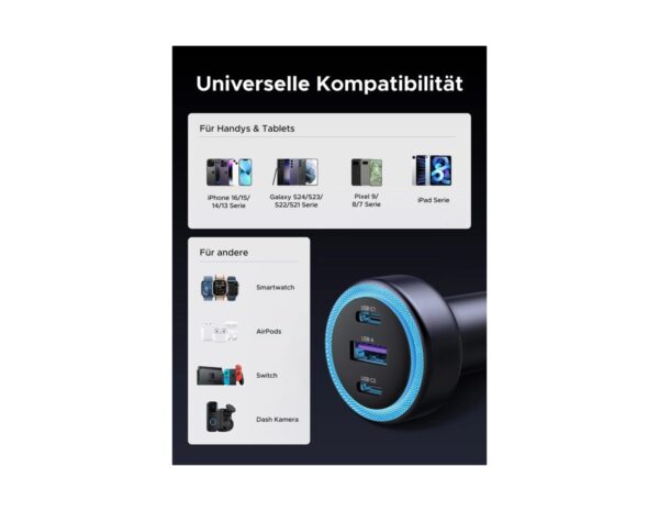 UGREEN auto punjač 30W s 3 ulaza, 2x USB-C, USB-A, PD3.0/QC3.0, sivi - Slika 4