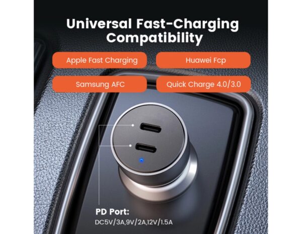 UGREEN CD213 auto punjač 50W, 2×USB-C, PD3.0/QC3.0, sivi - Slika 2