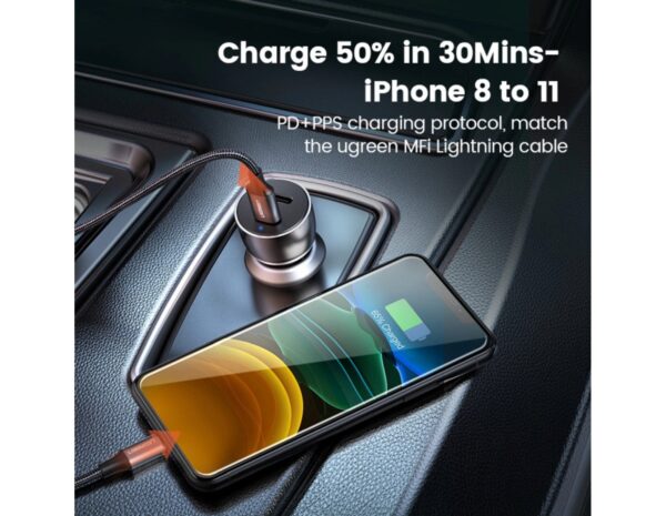 UGREEN CD213 auto punjač 50W, 2×USB-C, PD3.0/QC3.0, sivi - Slika 3