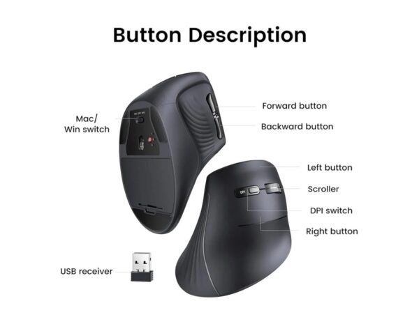 UGREEN bežični ergonomski vertikalni miš, bluetooth, 4000 DPI, USB, crni - Slika 2