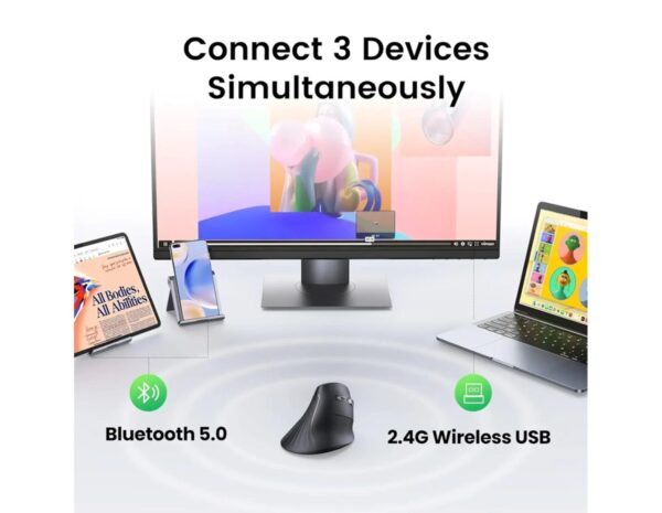 UGREEN bežični ergonomski vertikalni miš, bluetooth, 4000 DPI, USB, crni - Slika 7