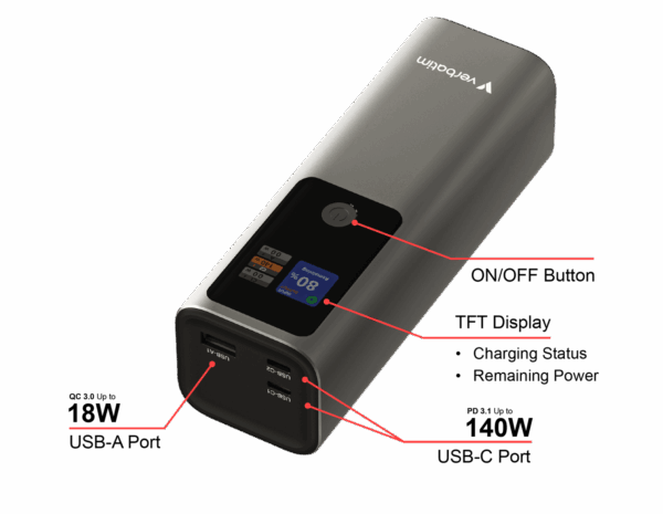 Verbatim Powerbank 27000mAH Charge 'n' Go 183W max, Dual USB-C® port, 1xUSB-A, Smart digital TFT display - Slika 3