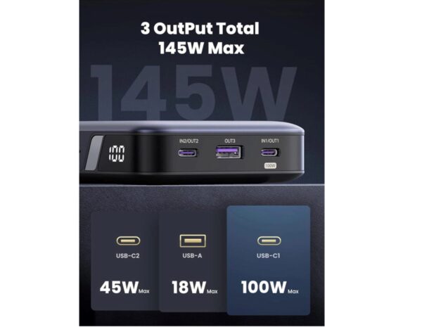 UGREEN prijenosni punjač (Powerbank) 25000mAh, 145W brzo punjenje, 2×USB-C+1×USB-A, PD 3.0+QC 3.0, sivi - Slika 2