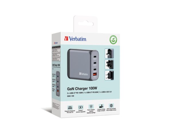 Verbatim GNC-100 GaN zidni punjač 100W, 2×USB-C PD 100W / 1×USB-C PD 65W / 1× USB-A QC3.0