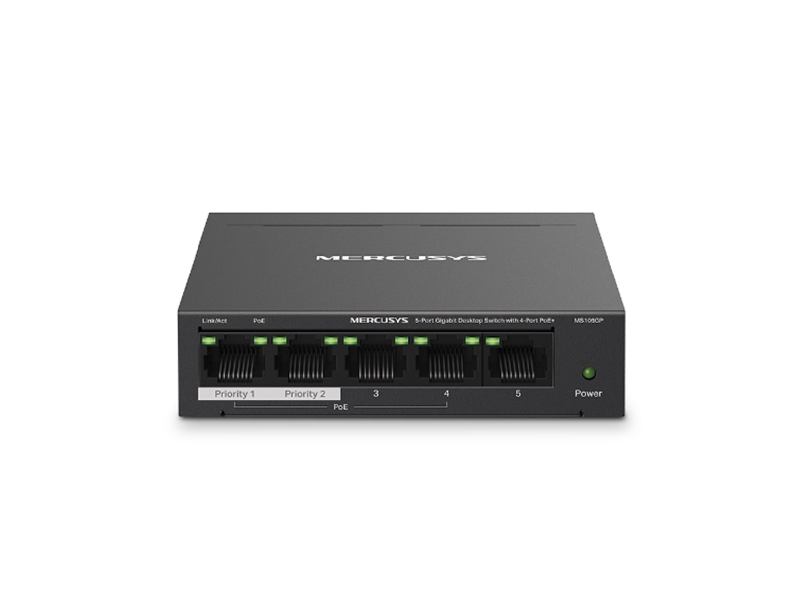 Mercusys MS105GP 5-Port Gigabit Desktop preklopnik (Switch) 4× Gigabit PoE+, 1× Gigabit Non-Po, Plug & Play, metalno kučište