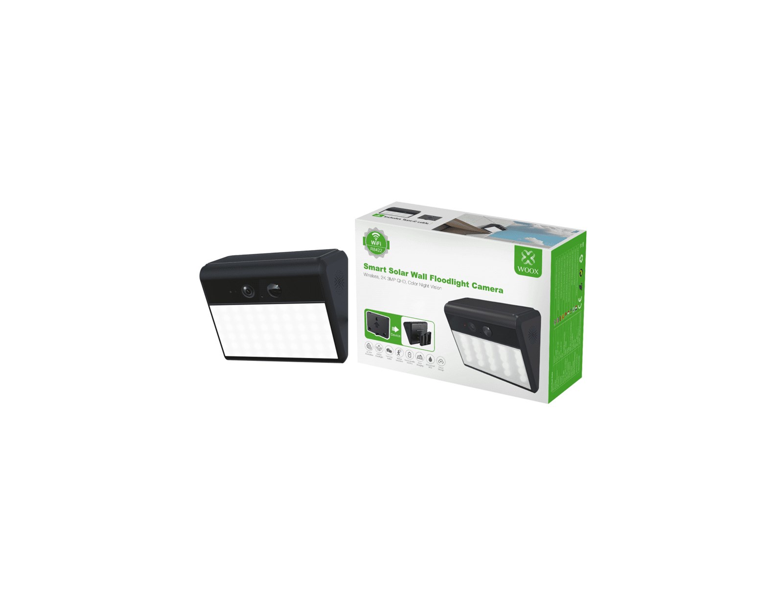 WOOX Smart solarna Wi-Fi sigurnosna kamera 2K s LED reflektorom i detekcijom pokreta, 2K (2304x1296), 3MP, IP67