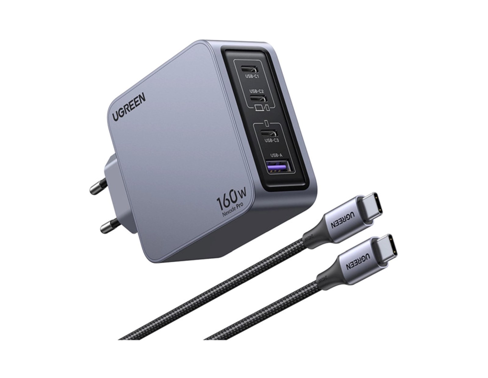 UGREEN Nexode Pro zidni punjač 160W, 3×USB-C/1×USB-A, USB-C kabel, GaN, sivi