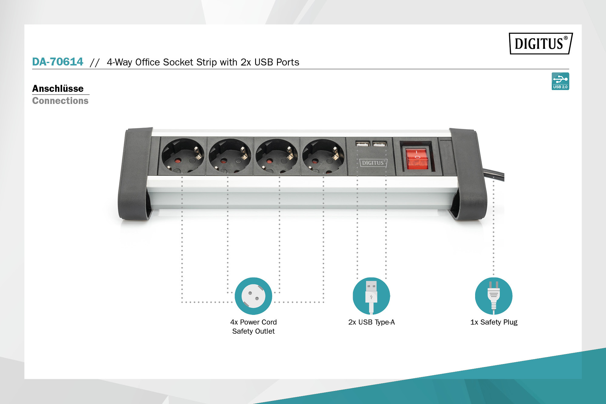 Strujna priključnica 4x + 2xUSB, prekidač, stolni, DA-70614, Digitus - Slika 10