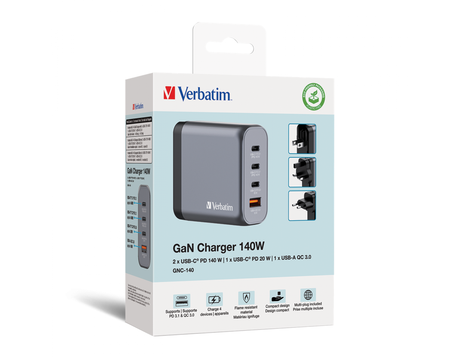 Verbatim GNC-140 GaN zidni punjač 140W, 4 priključka, 2 x USB-C PD 140 W / 1 x USB-C PD 20 W / 1 x USB-A QC 3.0