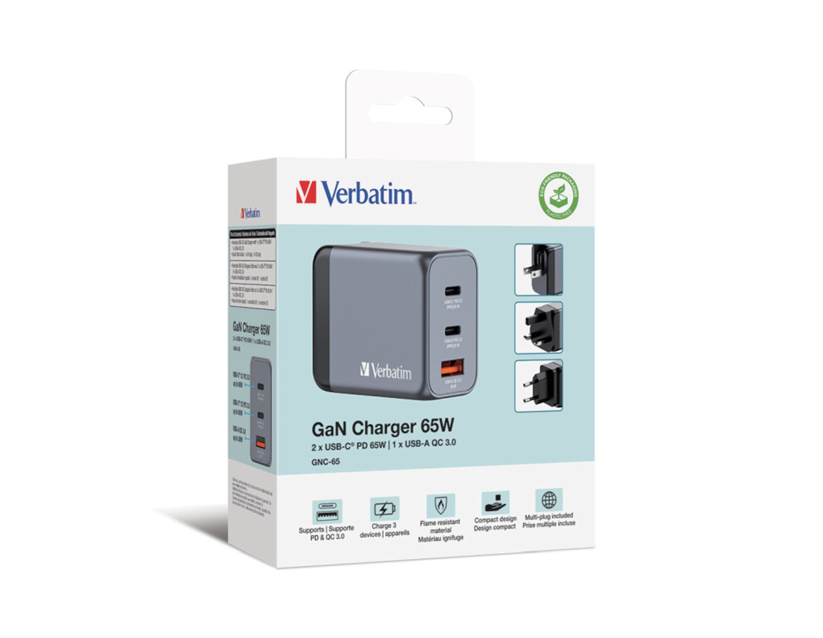 Verbatim GNC-65 GaN zidni punjač 65W, 2×USB-C PD 65W / 1×USB-A QC3.0